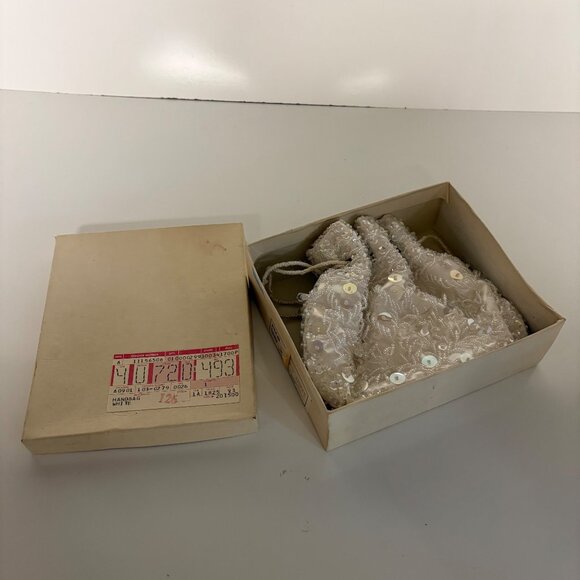 White Beaded Sequins Satin Drawstring Pouch Evening Bag Original Box Vintage - Picture 2 of 7